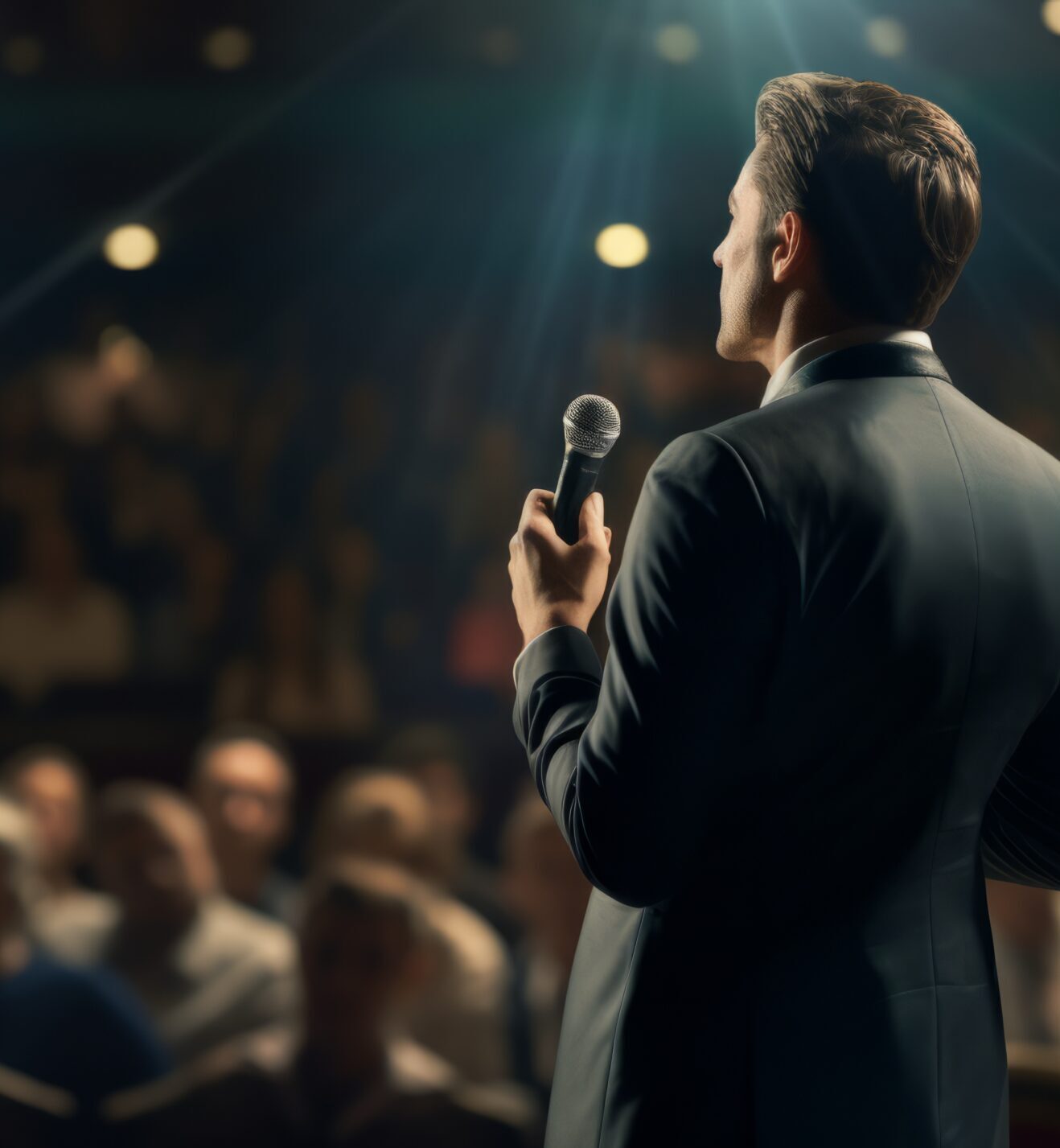 Back view of Man in business suit giving a speech on the stage in front of the audience